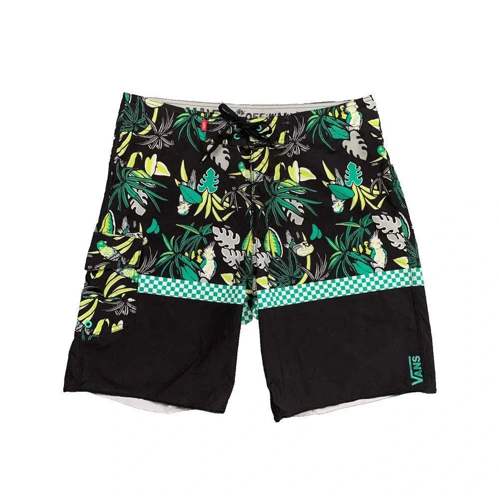 Vans Boardshorts Mens 34 Black Tropical Floral Checkerboard Beach Swim Surfing